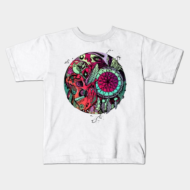 Blue Red Blend Skull and Dreamcatcher Circle Kids T-Shirt by kenallouis